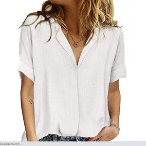 HOTAPEI Sexy White Blouses for Women Casual V Neck Solid Color Womens Short Cuff